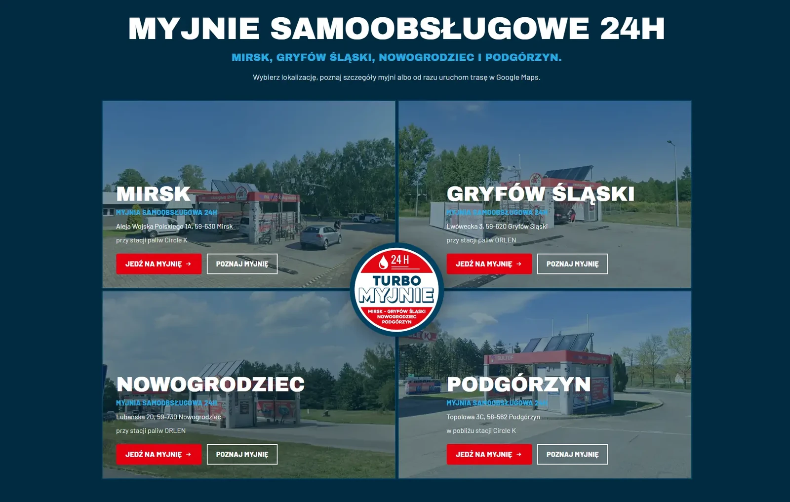 Cztery myjnie Turbo Myjnie 24H: Mirsk, Gryfów Śląski, Nowogrodziec i Podgórzyn z logotypem marki pośrodku